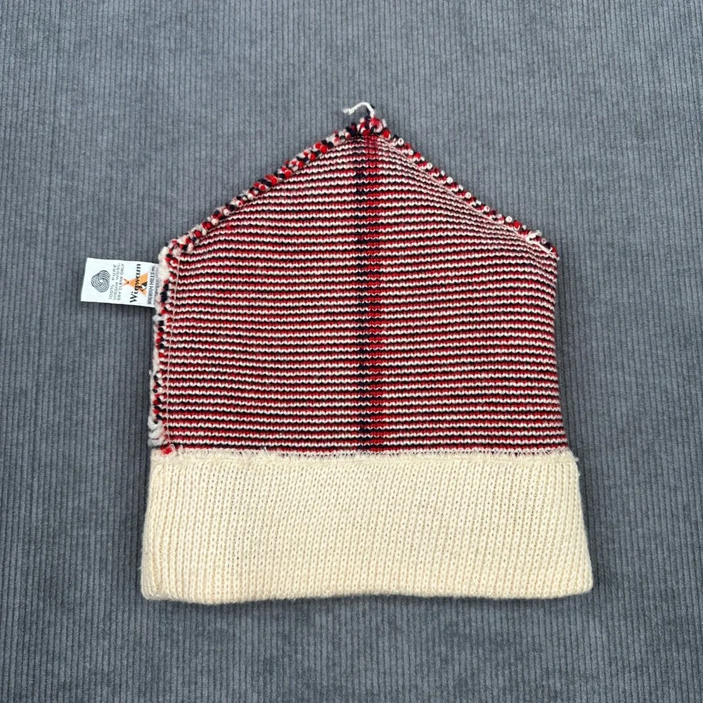 Vintage Wigwam Mills 100% Virgin Wool Beanie Hat Cream Red Navy Stripe USA Made